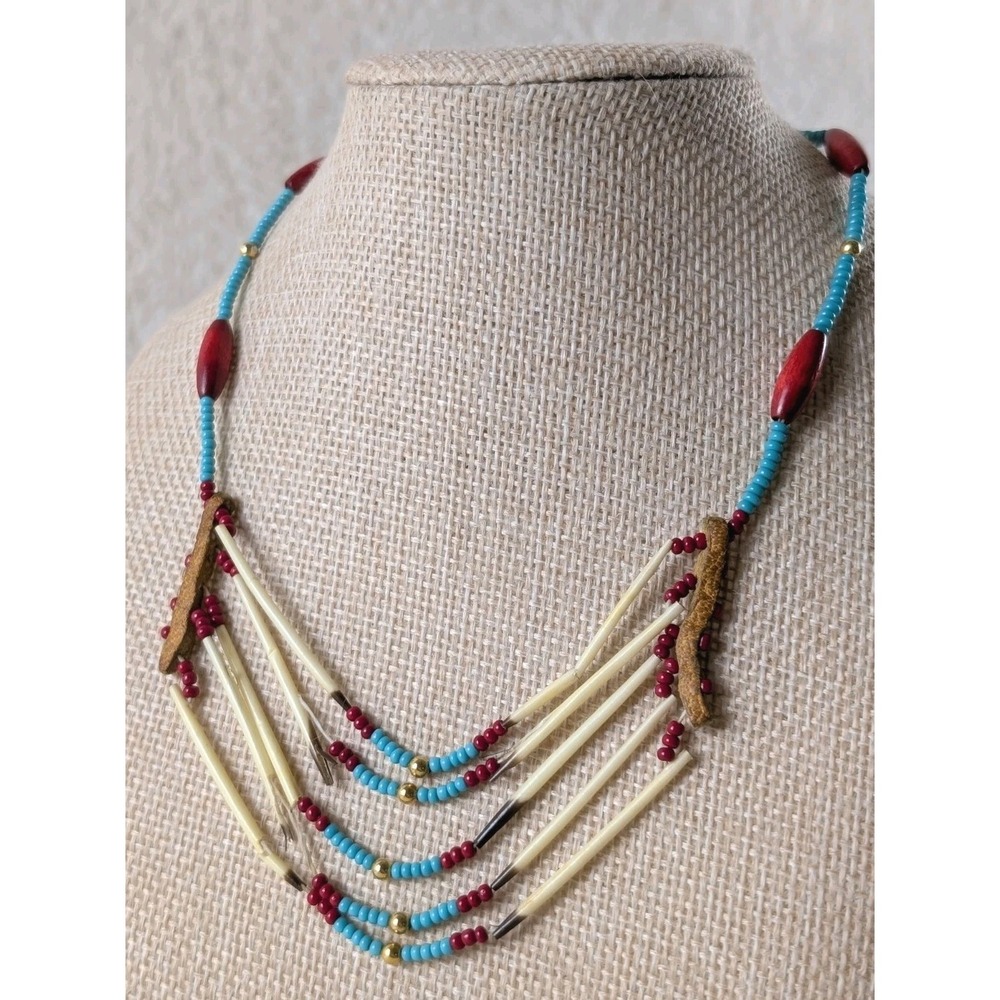 Multi Strand Beaded Necklace Faux Bone Turquoise‎ Glass Boho Tribal Style